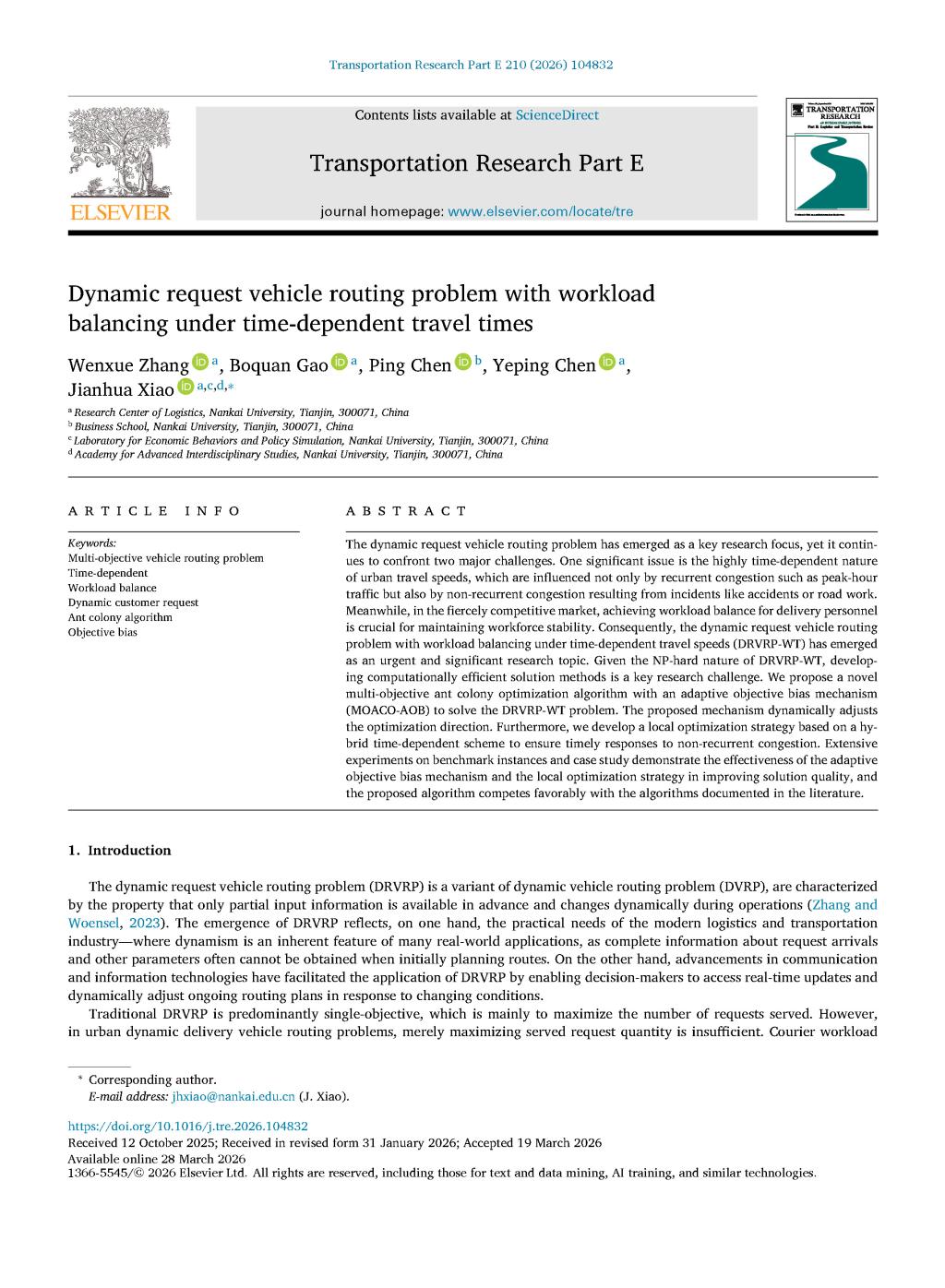 Dynamic request vehicle routing problem with workload balancing under time-dependent travel times
